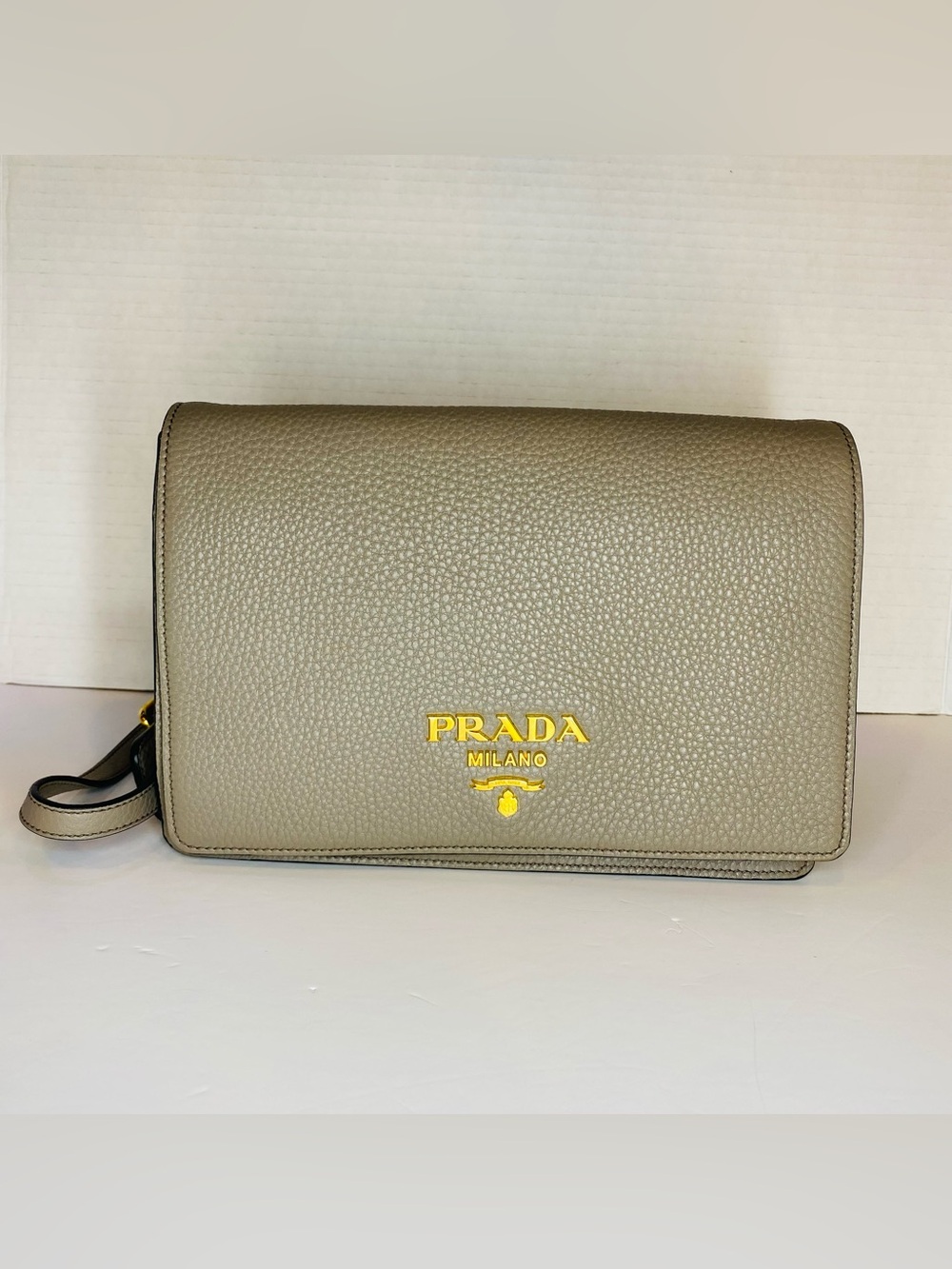 Prada Vitello Taupe Pebbled Leather Flap Crossbody with Gold Logo